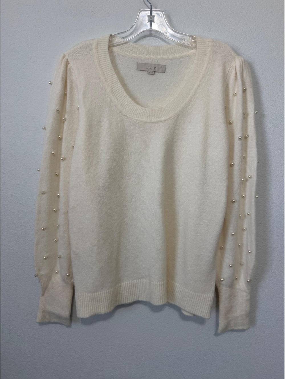 LOFT FauxPearl Embellishment Long Sleeve Crew Neck Cream Pullover Sweater Size M